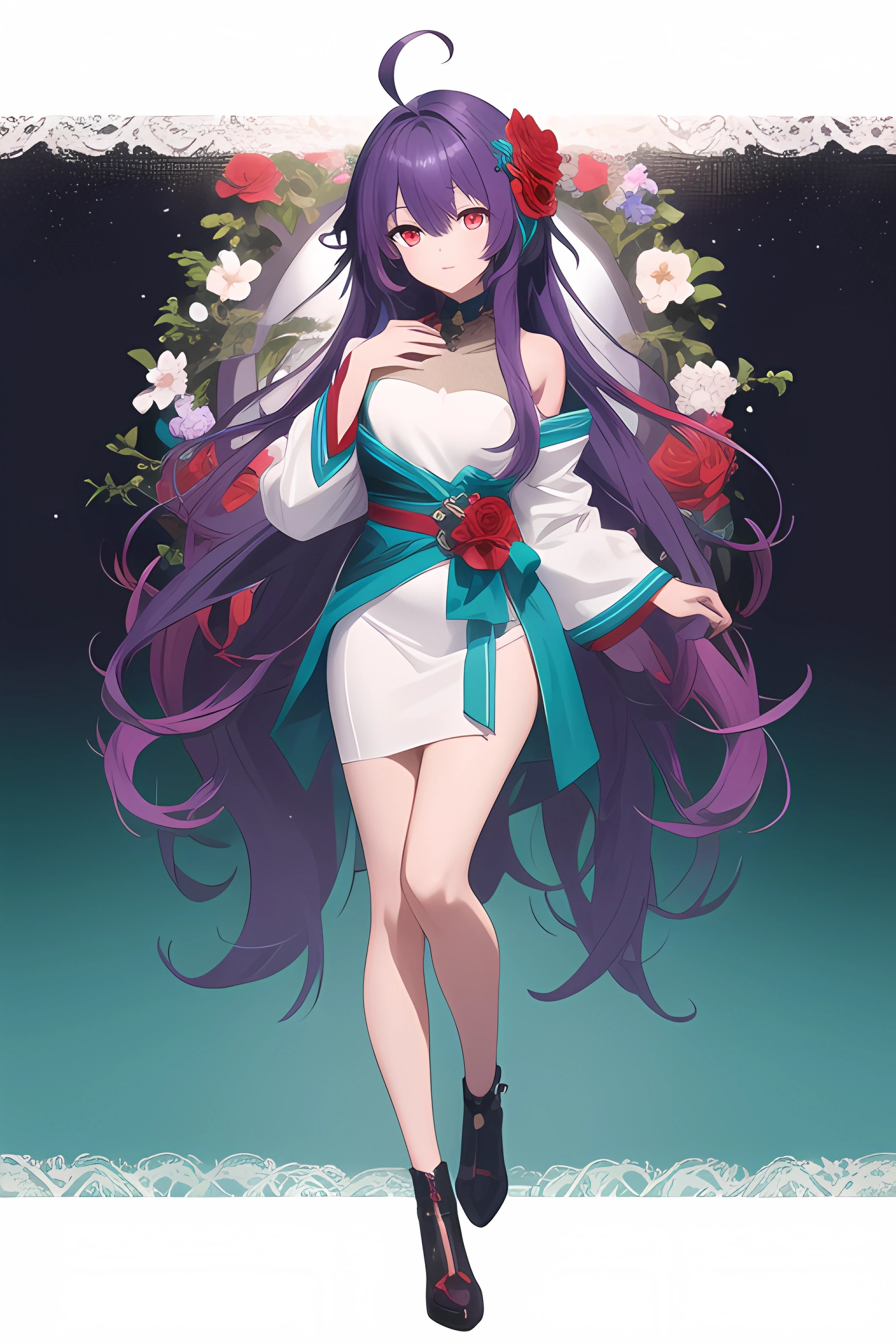 (masterpiece, best quality, high quality, highres, ultra-detailed),1girl,solo,beautiful eyes,purple hair,teal hair,(gradient hair),(long hair),happy,red eyes,teal colored flower hair ornament,full body,ahoge,hand on own chest,