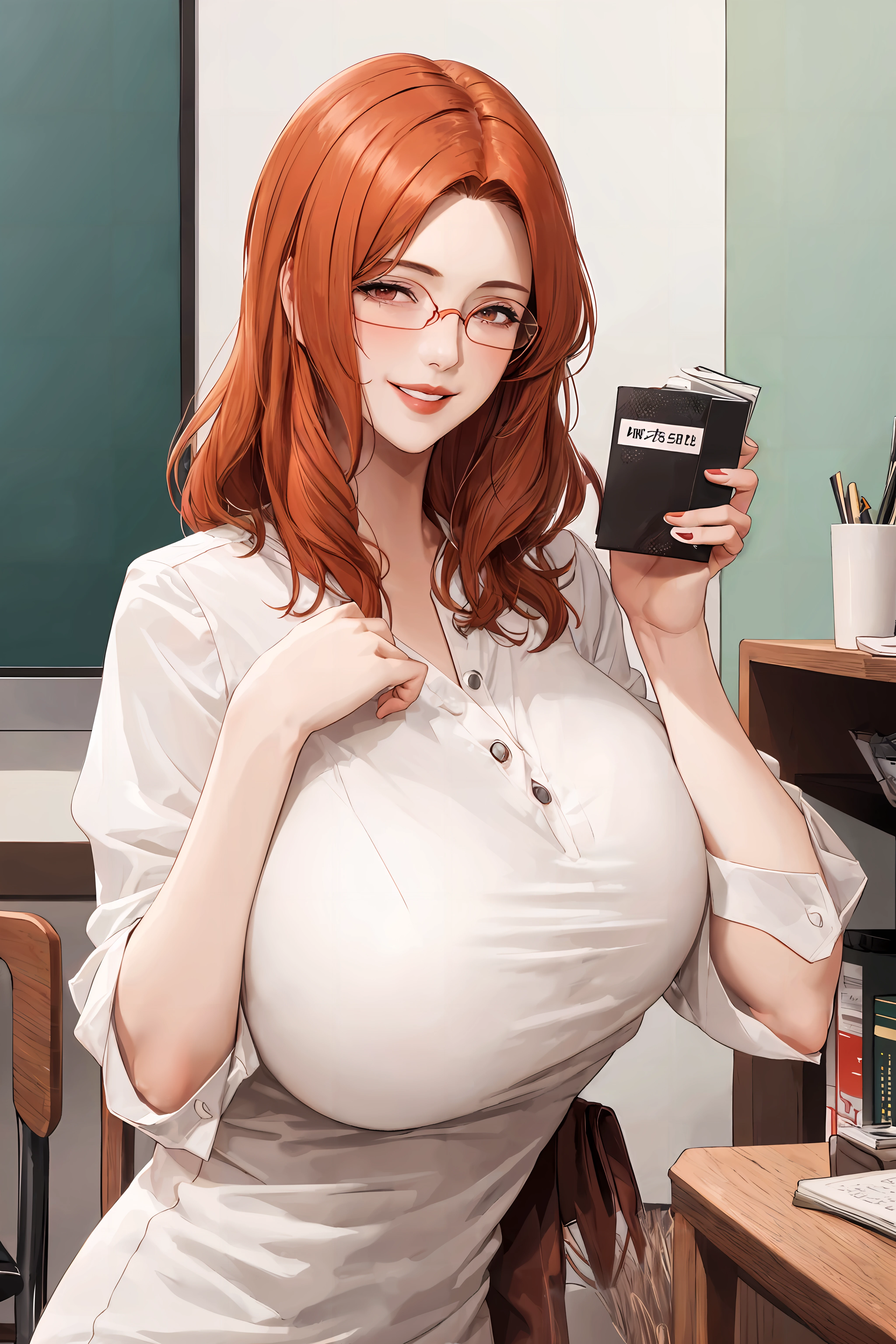 woman,mature female,<lora:mommyfy_V1:1.3>,glasses,huge breasts,smile,looking at viewer,blush,upper body,finger to mouth,orange hair,teacher,facing viewer,parted lips,