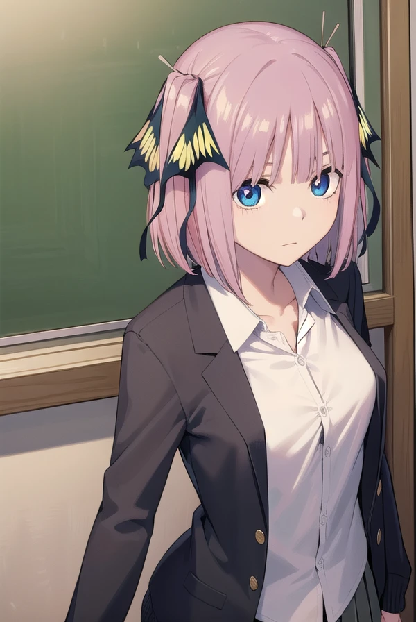 ninonakano, <lora:ninonakanochickeiii-lora-nochekaiser:1>,
nino nakano chickeiii, short hair, bangs, blue eyes, hair ornament, hair ribbon, pink hair, blunt bangs, two side up, butterfly hair ornament,
BREAK skirt, shirt, long sleeves, white shirt, pleated skirt, open clothes, collared shirt, sleeves past wrists, dress shirt, cardigan, green skirt, open cardigan, purple cardigan,
BREAK indoors, classroom, school,
BREAK looking at viewer,
BREAK <lyco:GoodHands-beta2:1>, (masterpiece:1.2), best quality, high resolution, unity 8k wallpaper, (illustration:0.8), (beautiful detailed eyes:1.6), extremely detailed face, perfect lighting, extremely detailed CG, (perfect hands, perfect anatomy),
