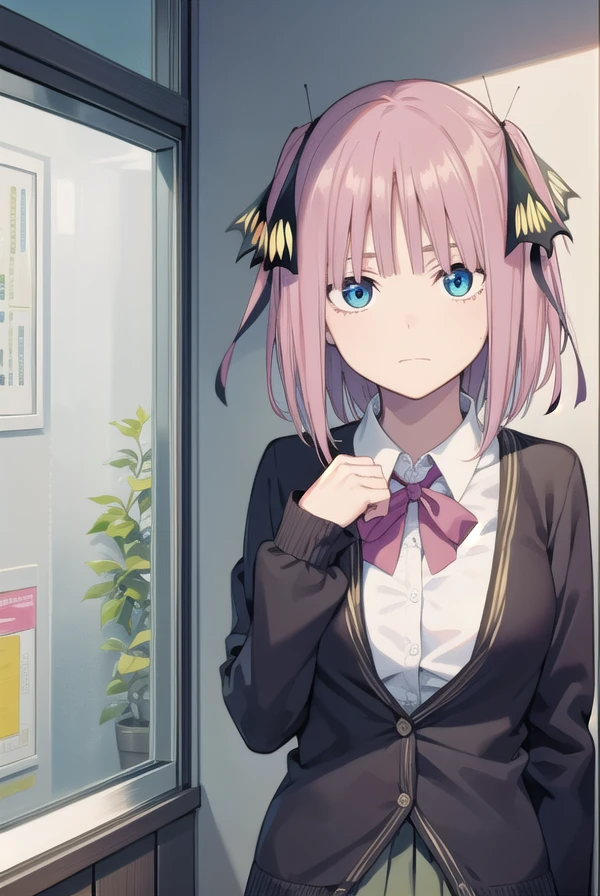 ninonakano, <lora:ninonakanochickeiii-lora-nochekaiser:1>, 
nino nakano chickeiii, short hair, bangs, blue eyes, hair ornament, hair ribbon, pink hair, blunt bangs, two side up, butterfly hair ornament,
BREAK skirt, shirt, long sleeves, white shirt, pleated skirt, open clothes, collared shirt, sleeves past wrists, dress shirt, cardigan, green skirt, open cardigan, purple cardigan,
BREAK indoors, classroom, school,
BREAK looking at viewer, 
BREAK <lyco:GoodHands-beta2:1>, (masterpiece:1.2), best quality, high resolution, unity 8k wallpaper, (illustration:0.8), (beautiful detailed eyes:1.6), extremely detailed face, perfect lighting, extremely detailed CG, (perfect hands, perfect anatomy),