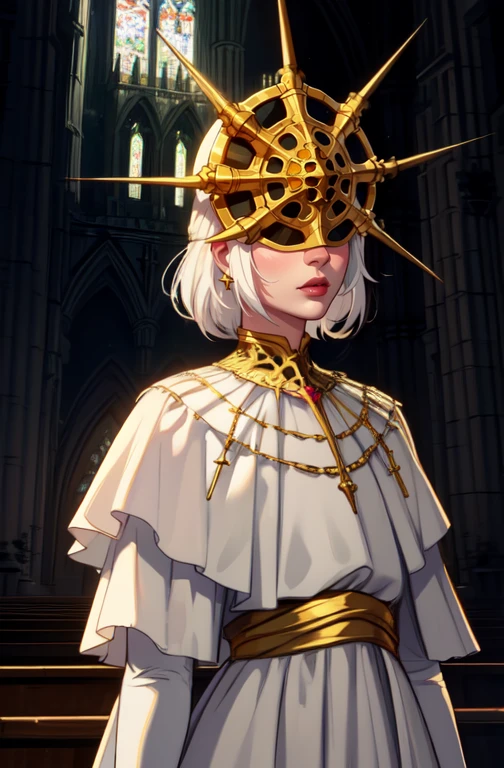 Gwyndolin, white hair, lips, androgynous, 
 gold mask, covered eyes, gold jewelry, white elbow gloves, white dress,
snakes, 
upper body, standing,
cathedral,  indoors,   night,  moonlight, 
(best quality, masterpiece, perfect face, beautiful and aesthetic:1.2, highest detailed face),
 <lora:Gwyndolin-10v7:0.7>