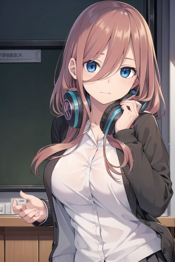 miku nakano, <lora:mikunakanochickeiii-lora-nochekaiser:1>,
miku nakano chicke iii, long hair, bangs, blue eyes, brown hair, hair between eyes, headphones, headphones around neck,
BREAK skirt, shirt, long sleeves, white shirt, pantyhose, pleated skirt, black pantyhose, cardigan, green skirt, blue cardigan,
BREAK indoors, classroom, school,
BREAK looking at viewer, (cowboy shot:1.5), (upper body:1.5),
BREAK <lyco:GoodHands-beta2:1>, (masterpiece:1.2), best quality, high resolution, unity 8k wallpaper, (illustration:0.8), (beautiful detailed eyes:1.6), extremely detailed face, perfect lighting, extremely detailed CG, (perfect hands, perfect anatomy),
