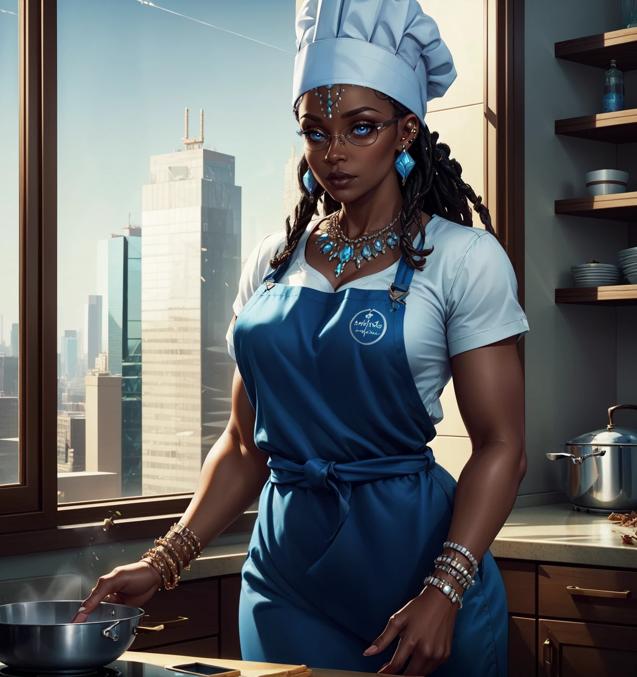 Yemoja Smite, 1girl, solo, long hair, ((chef hat, chef shirt, chef, waist apron, kitchen, cooking)), jewelry, earrings, sky, dark skin, necklace, bracelet, dark-skinned female, tree, sun, day sky, ((very dark skin)), dreadlocks, blue eyes, tear drop earrings, African woman, (mature female),
large breasts, thick hips, thick thighs,
(Office, Office Windows, African skyscrapers),
(masterpiece, best quality), <lora:YemojaSmite-000007:0.8>