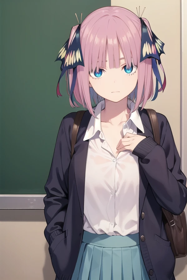ninonakano, <lora:ninonakanochickeiii-lora-nochekaiser:1>,
nino nakano chickeiii, short hair, bangs, blue eyes, hair ornament, hair ribbon, pink hair, blunt bangs, two side up, butterfly hair ornament,
BREAK skirt, shirt, long sleeves, white shirt, pleated skirt, open clothes, collared shirt, sleeves past wrists, dress shirt, cardigan, green skirt, open cardigan, purple cardigan,
BREAK indoors, classroom, school,
BREAK looking at viewer,
BREAK <lyco:GoodHands-beta2:1>, (masterpiece:1.2), best quality, high resolution, unity 8k wallpaper, (illustration:0.8), (beautiful detailed eyes:1.6), extremely detailed face, perfect lighting, extremely detailed CG, (perfect hands, perfect anatomy),