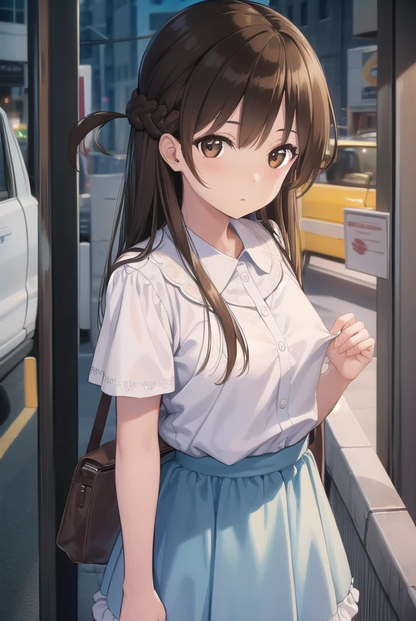 mizuharachizuru, <lora:chizuruichinosepopochichi-lora-nochekaiser:1>,
chizuru ichinose popochichi, long hair, brown hair, (brown eyes:1.7), (one side up:1.5), bangs, braid, hair braid,
BREAK shirt, short sleeves, puffy sleeves, collared shirt, white collar, pink shirt, skirt, blue skirt,
BREAK outdoors, city,
BREAK looking at viewer, (cowboy shot:1.5),
BREAK <lyco:GoodHands-beta2:1>, (masterpiece:1.2), best quality, high resolution, unity 8k wallpaper, (illustration:0.8), (beautiful detailed eyes:1.6), extremely detailed face, perfect lighting, extremely detailed CG, (perfect hands, perfect anatomy),