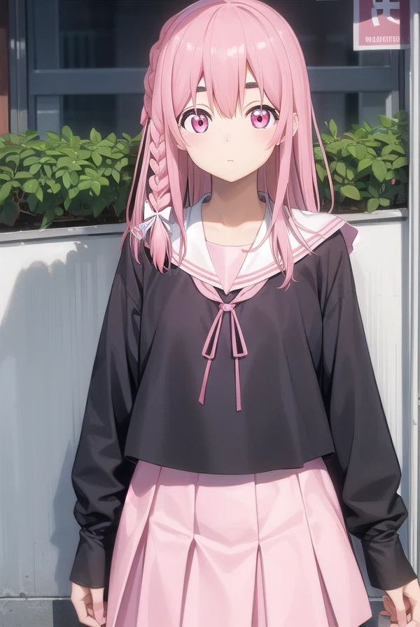 sumisakurasawa, <lora:sumisakurasawapopochichi-lora-nochekaiser:1>,
sumi sakurasawa, bangs, (pink eyes:1.5), hair between eyes, pink hair, braid, hair bow, thick eyebrows,
BREAK skirt, shirt, long sleeves, bow, ribbon, school uniform, white shirt, serafuku, sailor collar, red ribbon, neck ribbon, red skirt, white sailor collar,
BREAK outdoors, city,
BREAK looking at viewer, (cowboy shot:1.5),
BREAK <lyco:GoodHands-beta2:1>, (masterpiece:1.2), best quality, high resolution, unity 8k wallpaper, (illustration:0.8), (beautiful detailed eyes:1.6), extremely detailed face, perfect lighting, extremely detailed CG, (perfect hands, perfect anatomy),