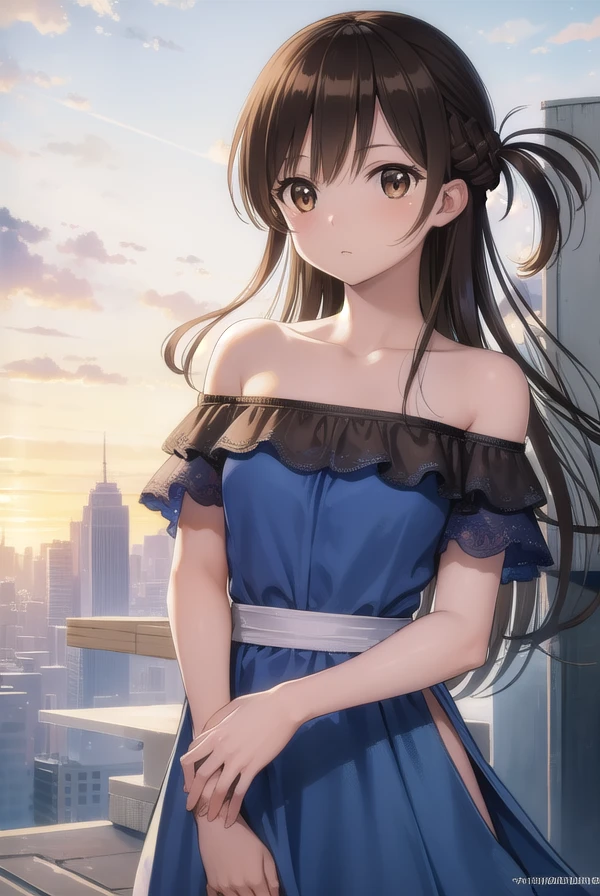 mizuharachizuru, <lora:chizuruichinosepopochichi-lora-nochekaiser:1>,
chizuru ichinose popochichi, long hair, brown hair, (brown eyes:1.7), (one side up:1.5), bangs, braid, hair braid,
BREAK bare shoulders, dress, strapless dress, strapless, short sleeves, blue dress, skirt, blue skirt,
BREAK outdoors, city,
BREAK looking at viewer, (cowboy shot:1.5),
BREAK <lyco:GoodHands-beta2:1>, (masterpiece:1.2), best quality, high resolution, unity 8k wallpaper, (illustration:0.8), (beautiful detailed eyes:1.6), extremely detailed face, perfect lighting, extremely detailed CG, (perfect hands, perfect anatomy),