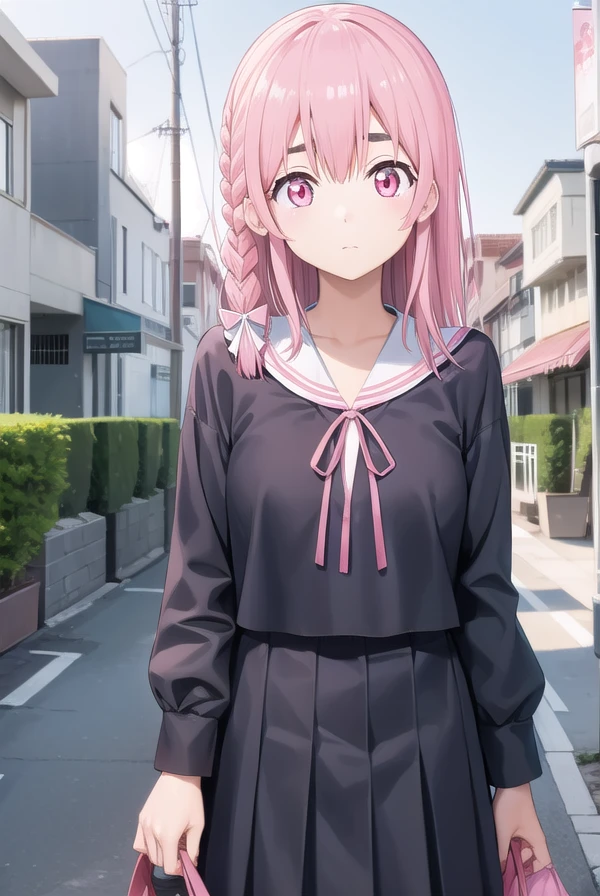 sumisakurasawa, <lora:sumisakurasawapopochichi-lora-nochekaiser:1>,
sumi sakurasawa, bangs, (pink eyes:1.5), hair between eyes, pink hair, braid, hair bow, thick eyebrows,
BREAK skirt, shirt, long sleeves, bow, ribbon, school uniform, white shirt, serafuku, sailor collar, red ribbon, neck ribbon, red skirt, white sailor collar,
BREAK outdoors, city,
BREAK looking at viewer, (cowboy shot:1.5),
BREAK <lyco:GoodHands-beta2:1>, (masterpiece:1.2), best quality, high resolution, unity 8k wallpaper, (illustration:0.8), (beautiful detailed eyes:1.6), extremely detailed face, perfect lighting, extremely detailed CG, (perfect hands, perfect anatomy),