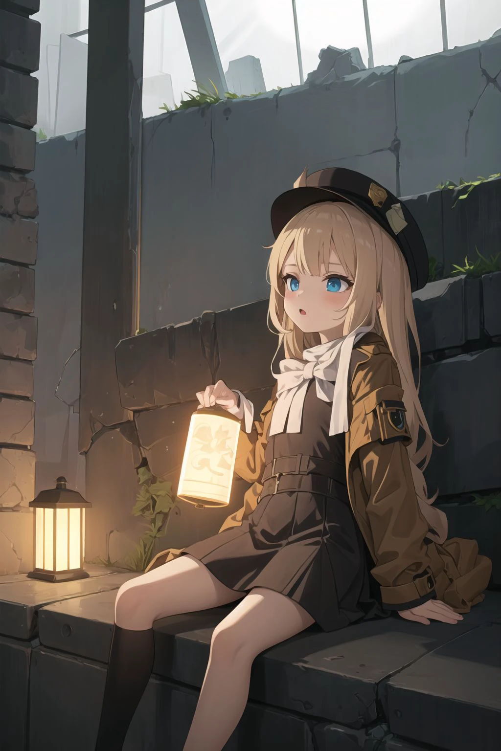 masterpiece, best quality,1girl,ruins,flashlight, exploration,hat