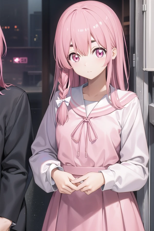 sumisakurasawa, <lora:sumisakurasawapopochichi-lora-nochekaiser:1>,
sumi sakurasawa, bangs, (pink eyes:1.5), hair between eyes, pink hair, braid, hair bow, thick eyebrows,
BREAK skirt, shirt, long sleeves, bow, ribbon, school uniform, white shirt, serafuku, sailor collar, red ribbon, neck ribbon, red skirt, white sailor collar,
BREAK outdoors, city,
BREAK looking at viewer, (cowboy shot:1.5),
BREAK <lyco:GoodHands-beta2:1>, (masterpiece:1.2), best quality, high resolution, unity 8k wallpaper, (illustration:0.8), (beautiful detailed eyes:1.6), extremely detailed face, perfect lighting, extremely detailed CG, (perfect hands, perfect anatomy),