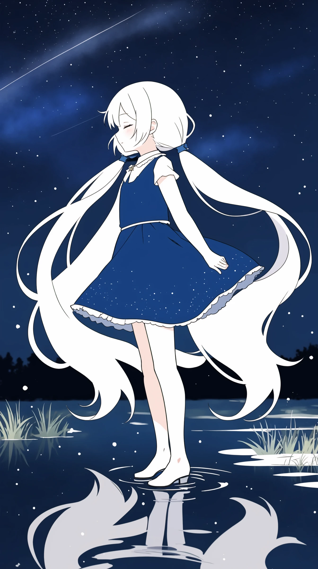 (english text:1.25), (from side), blue theme, (walking_in_liquid), standing_on_liquid, reflective_water, night, only water, (head down), closed eyes, skirt ***d, (the surface of the water reflected the brigh stars), light_particles, 1girl, very long hair, twintails, solo, dress, white hair, full body, water surface, reflection, star (sky), starry
