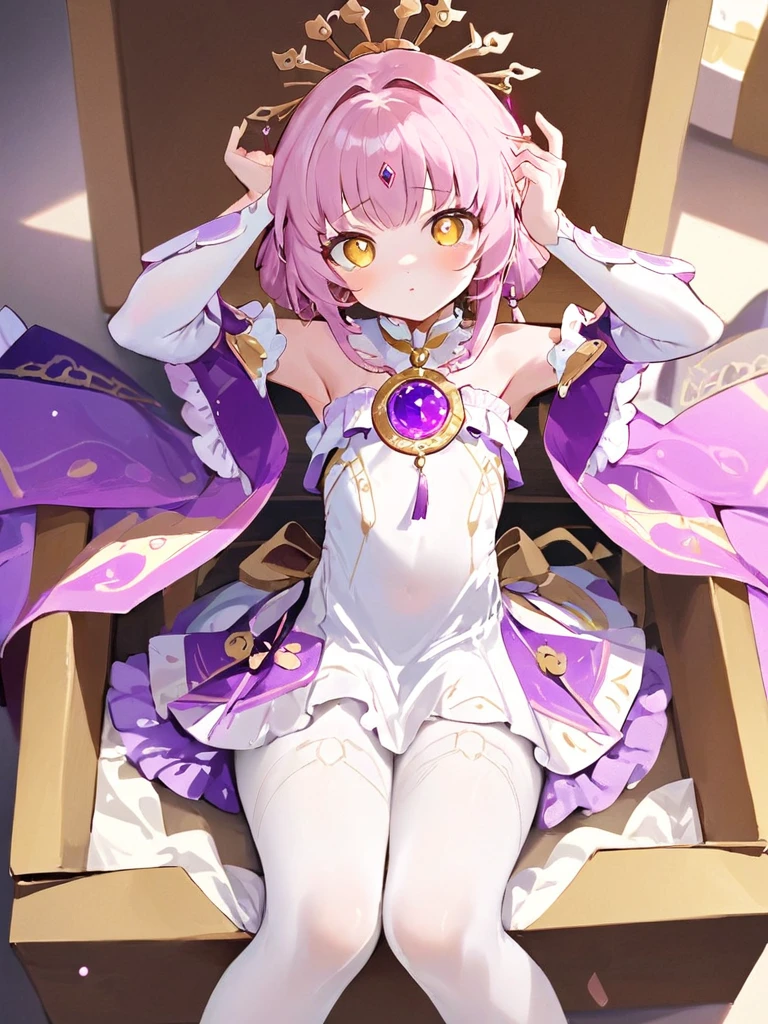 ultra-detailed,(best quality),((masterpiece)),(highres),original,extremely,<lora:fuxuanx_xl:0.8>,fuxuan, 1girl, solo, box, gift, yellow eyes, white pantyhose, sitting, pantyhose, looking at viewer, gift box, dress, jewelry, arms up, white dress, feet out of frame, ring, closed mouth, detached sleeves, holding, frills, gem, long sleeves