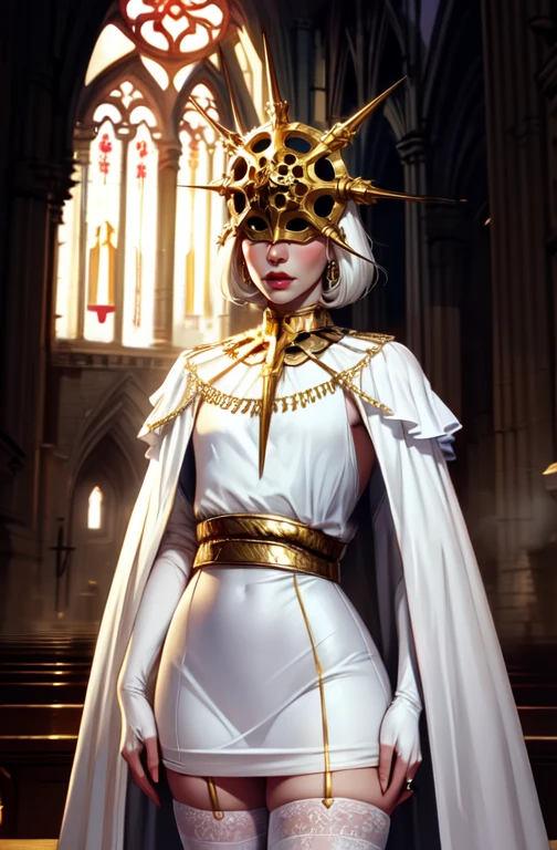 Gwyndolin, white hair, lips, androgynous, flat chest,
white thighhighs, gold mask, covered eyes, gold jewelry, white elbow gloves, white dress,
snake,
upper body, standing,
cathedral, indoors,
(best quality, masterpiece, perfect face, beautiful and aesthetic:1.2, highest detailed face),
<lora:Gwyndolin-10v7:0.7>