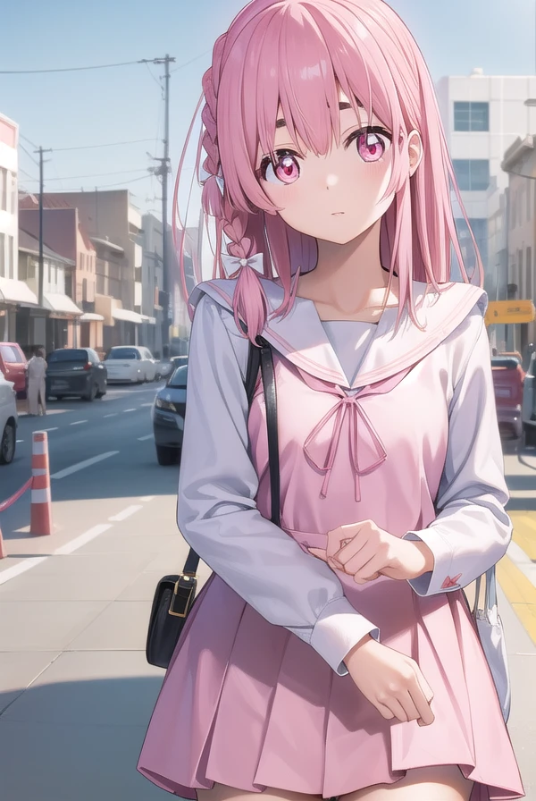 1girl with long hair and dress, 1 girl is taking to lavatory, looking away, standing, embarrassed, blush, Keep one's mouth shut, street (girl is peeing self:0.4)