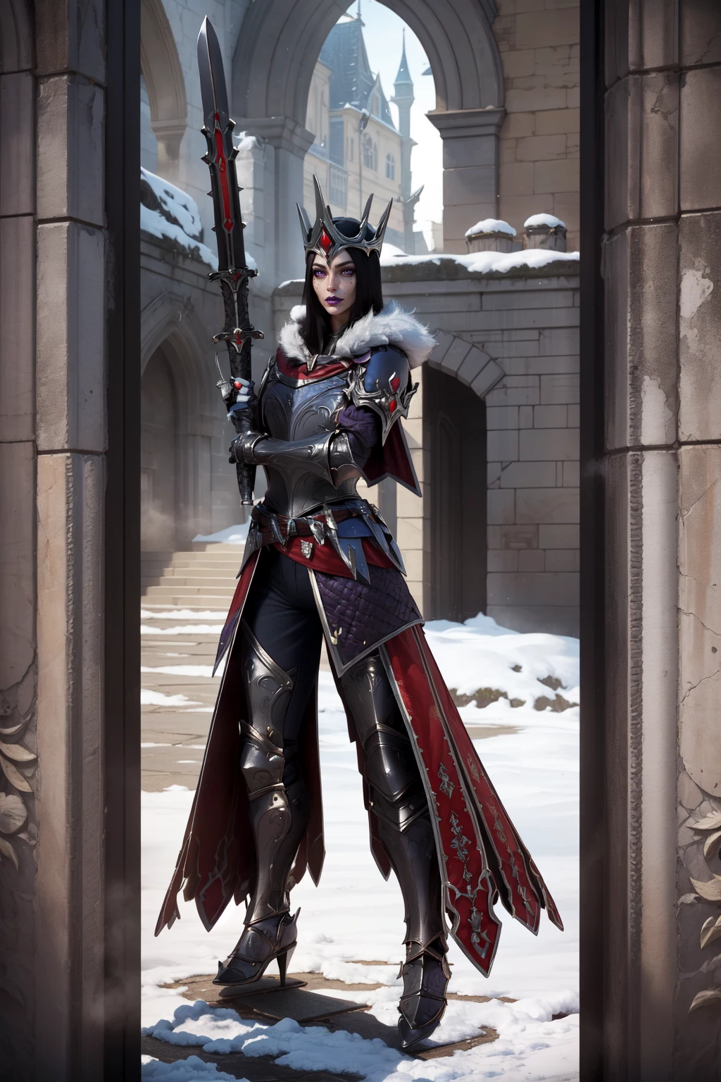 <lora:MorganLeFaySmite-000007:0.85>, MorganLeFay Smite, 1girl, solo, long hair, looking at viewer, full body, weapon, belt, cape, ((hip armor)), armor, fur trim, makeup, crown, knife, lipstick, gauntlets, greaves, sword,holding sword,black knight sword,
(castle background, castle courtyard, snow on castle stone),
(insanely detailed, beautiful detailed face, masterpiece, best quality),
