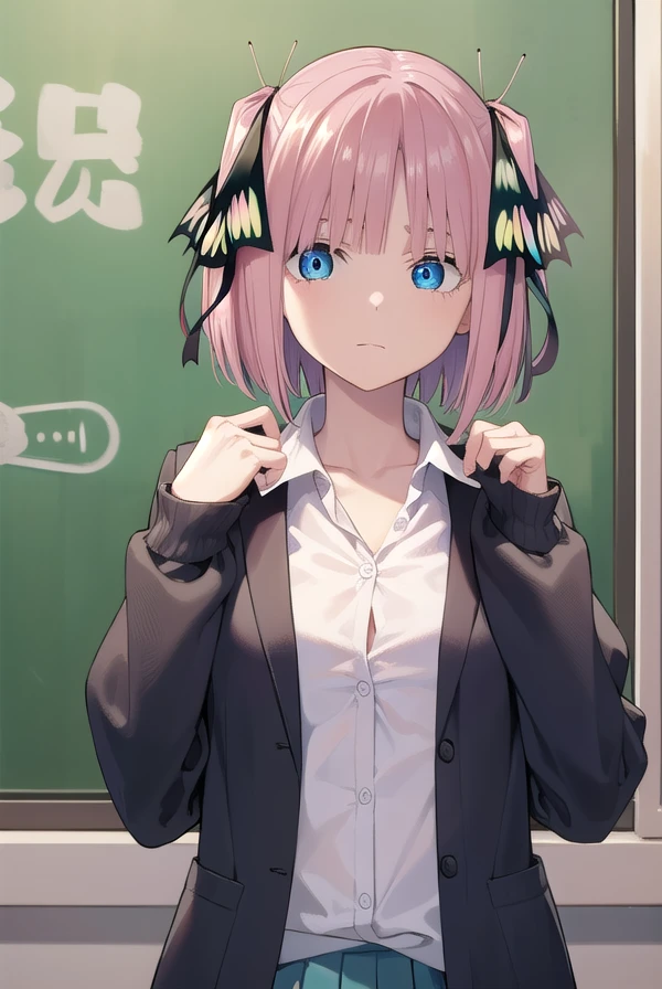 ninonakano, <lora:ninonakanochickeiii-lora-nochekaiser:1>,
nino nakano chickeiii, short hair, bangs, blue eyes, hair ornament, hair ribbon, pink hair, blunt bangs, two side up, butterfly hair ornament,
BREAK skirt, shirt, long sleeves, white shirt, pleated skirt, open clothes, collared shirt, sleeves past wrists, dress shirt, cardigan, green skirt, open cardigan, purple cardigan,
BREAK indoors, classroom, school,
BREAK looking at viewer,
BREAK <lyco:GoodHands-beta2:1>, (masterpiece:1.2), best quality, high resolution, unity 8k wallpaper, (illustration:0.8), (beautiful detailed eyes:1.6), extremely detailed face, perfect lighting, extremely detailed CG, (perfect hands, perfect anatomy),