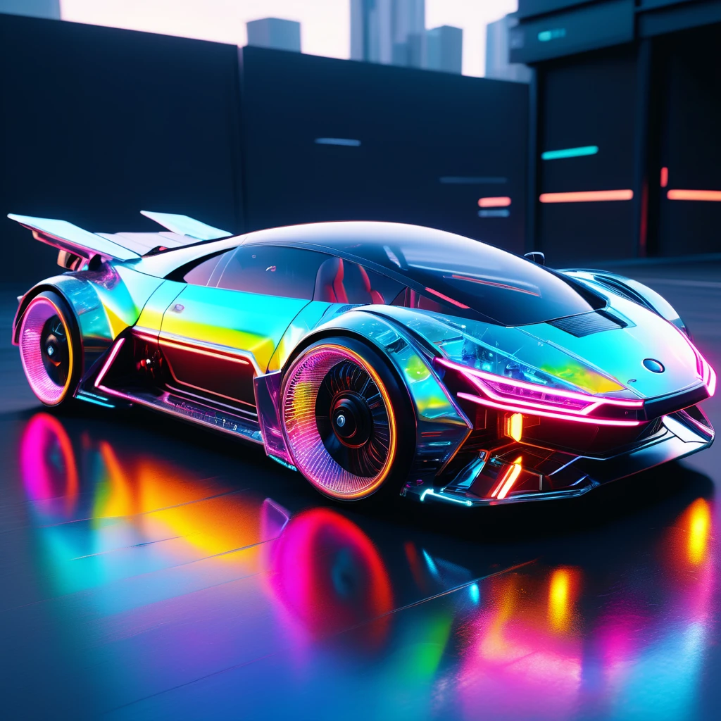 ((best quality)), ((masterpiece)), ((realistic,digital art)), (hyper detailed),cyberpukai holographic transparent cyberpunk Tiny Aeromobile,  Convex Mirrors, Laser Headlights, Off-Road Bumper,  Luminite, Aerodynamic,  Ribbed Texture,, octane rendering, raytracing, volumetric lighting, Backlit,Rim Lighting, 8K, HDR <lora:CyberPunkAI:0.8>