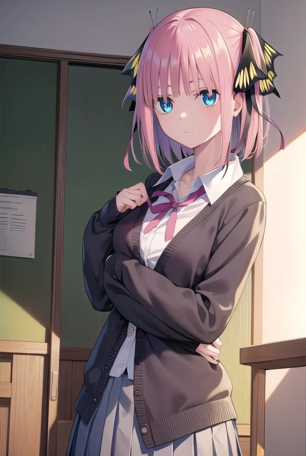 ninonakano, <lora:ninonakanochickeiii-lora-nochekaiser:1>, 
nino nakano chickeiii, short hair, bangs, blue eyes, hair ornament, hair ribbon, pink hair, blunt bangs, two side up, butterfly hair ornament,
BREAK skirt, shirt, long sleeves, white shirt, pleated skirt, open clothes, collared shirt, sleeves past wrists, dress shirt, cardigan, green skirt, open cardigan, purple cardigan,
BREAK indoors, classroom, school,
BREAK looking at viewer, 
BREAK <lyco:GoodHands-beta2:1>, (masterpiece:1.2), best quality, high resolution, unity 8k wallpaper, (illustration:0.8), (beautiful detailed eyes:1.6), extremely detailed face, perfect lighting, extremely detailed CG, (perfect hands, perfect anatomy),