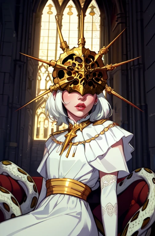Gwyndolin, white hair, lips, androgynous,
gold mask, covered eyes, gold jewelry, white elbow gloves, white dress, arms behind back,
snakes,
upper body, sitting,
cathedral, indoors, night, moonlight,
(best quality, masterpiece, perfect face, beautiful and aesthetic:1.2, highest detailed face),
<lora:Gwyndolin-10v7:0.8>