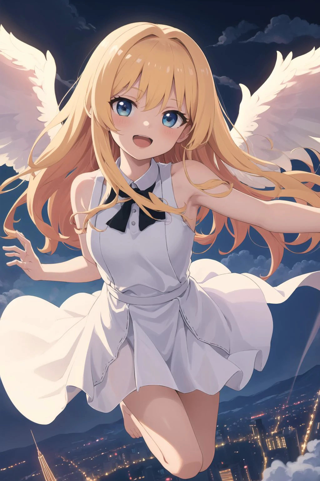 (angel girl:1.2), (1 person:1.2),(10 year old girl)、young girl、big breasts、 nffsw、shader、highly detailed eyes、big breasts、loose and fluffy long hair,、underboob、Glossy cleavage、blonde、angel wings、silky hair、Angel attire(pink sheer dress、Plain color、mini skirt、Plain colorのシルク手袋)、very complex eye pupil、highest quality、bright colors、Bust 100、rests、Standing picture of the game、Stirring composition、Composition looking up from below、Lift your with your hands、Pose that emphasizes the chest、fold your arms、grinning expression、eyes half closed、open your mouth、stinky eyes、evil face、Bullish smile、fold your hands behind your back、Hide your hands、evil smile、whole body、god々New