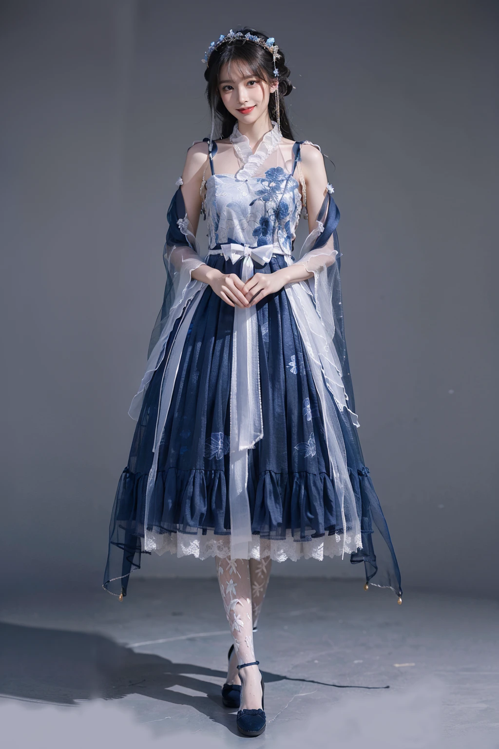 best quality, quality, masterpiece, photorealistic, 1girl, solo, long black hair, looking at viewer, smile, standing, full body, cyb dress, chinese clothes, see-through sleeves, print legwear, simple background, <lora:cns_dress_vol2_style2_v1:0.6>