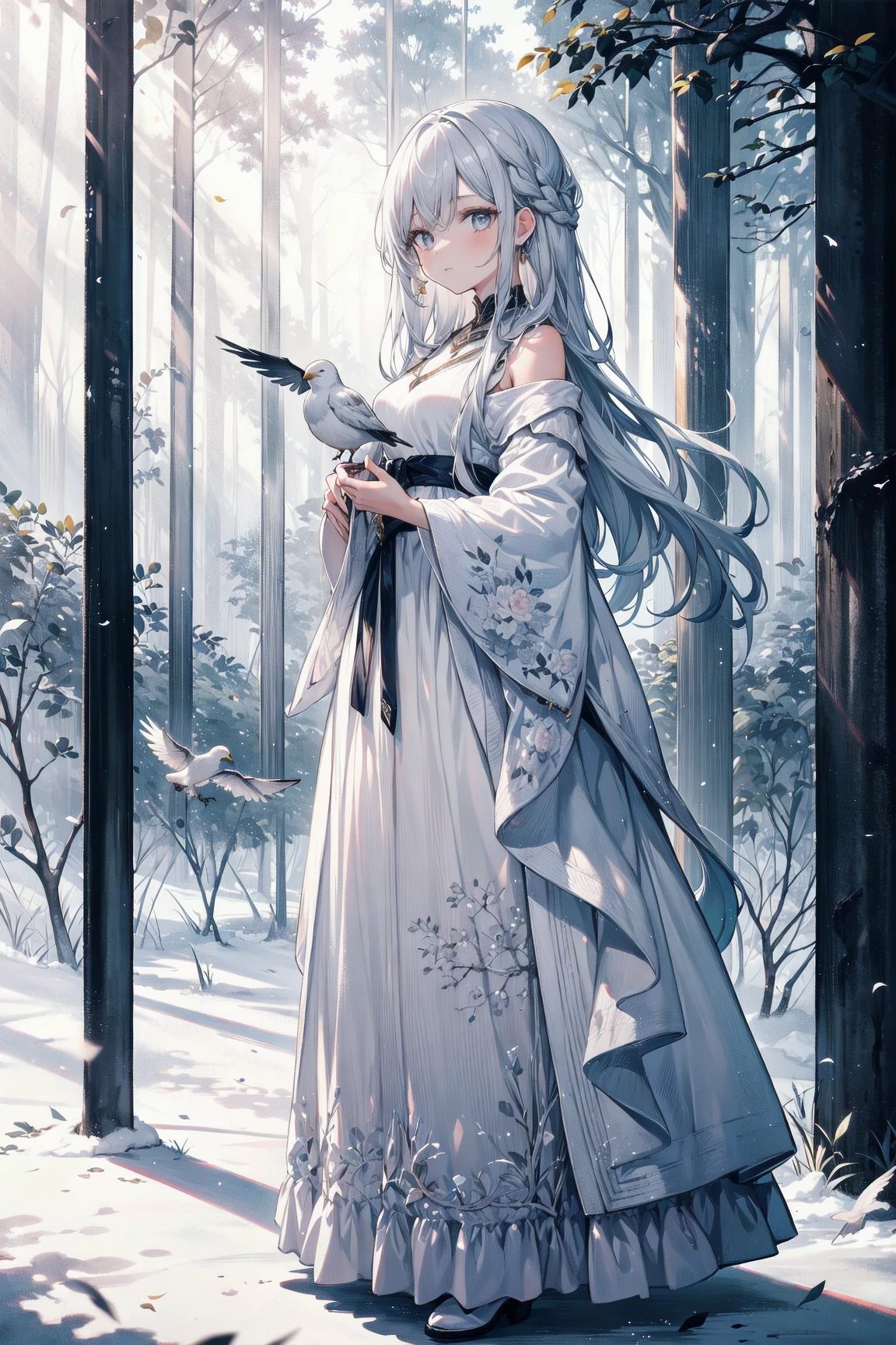 (Composition) A girl standing in the forest. (Girl) long silver hair, looking at the left side. girl looking at bird on her hand. white clothes, light side, (background) The forest is fantasy, a few birds, sun shine, glitter, high contrast. (detail) ultra detailed, masterpiece, detailed eye, full body shot, 16k