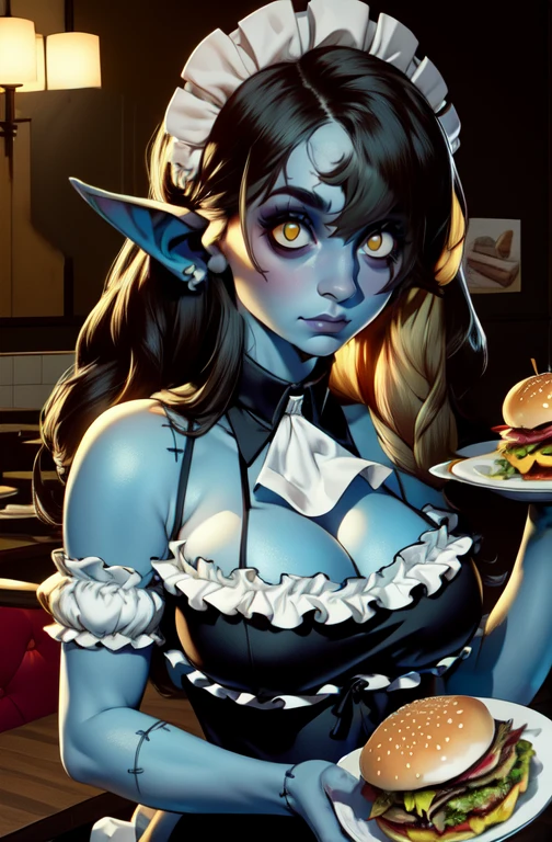 ZoMaid, pointy ears, yellow eyes, stitches, blue skin,
long hair, black hair,
maid attire, bare shoulders, detached collar, holding, plate of food, large burger, fries,
standing, upper body, cleavage, large breasts, toned,
open restaurant, stars,
(best quality, masterpiece, perfect face, beautiful and aesthetic:1.2, highest detailed face),
<lora:Maid-10v6:0.9>