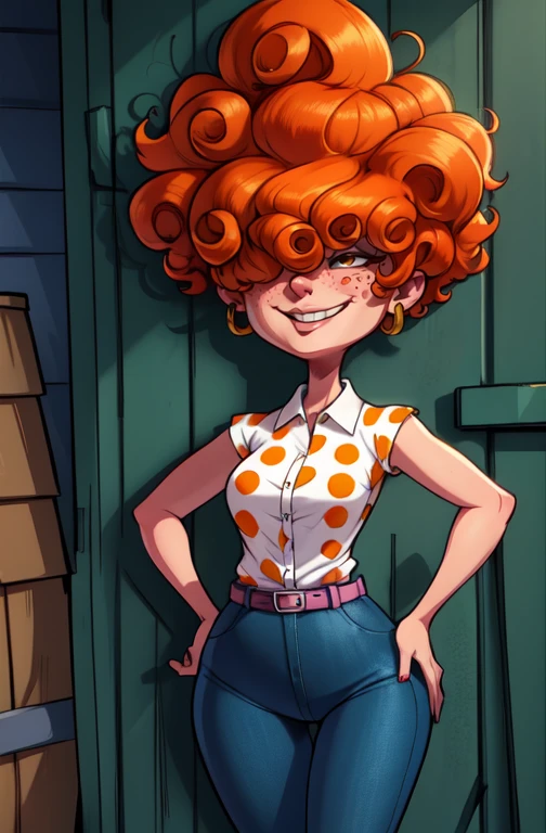 LeeK, curly orange hair, freckles, hair over both eyes standing, cowboy shot, hands on hips, smug expression, solo, covered eyes, 
denim pants, white shoes, earrings, polka dot shirt, belt , white shirt, picket fence,morning 
toon \(style\),
(insanely detailed, beautiful detailed face, masterpiece, best quality) 
 <lora:LeeKanker-10v7:0.8>