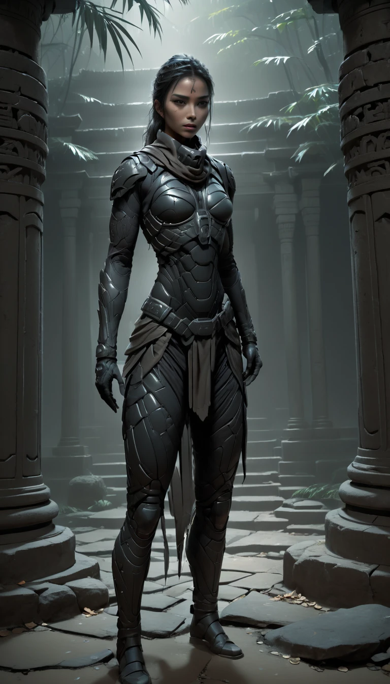 Conceptualize a stunning digital illustration featuring an Intense warrior, standing in the courtyard of an ancient temple in the jungle at night, wearing a stillsuit with gloves and boots, focus warrior, cinematic lighting, cinematic shot, emphasize stone lanterns and flickering shadows creating a tense and dangerous atmosphere, styles of Hiroshi Yoshida and Jeremy Mann, create an immersive experience for viewers. trending on ArtStation, unique blend of styles and themes, <lora:StillsuitXl_1.21:1> <lora:JuggerCineXL2:1>