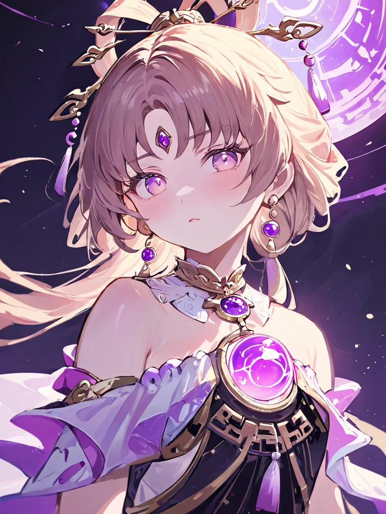 ultra-detailed,(best quality),((masterpiece)),(highres),original,extremely,<lora:fuxuanx_xl:0.8>,fuxuan,1girl,solo,looking at viewer,earrings,bare shoulders,orb,upper body,dress,jewelry,holding,