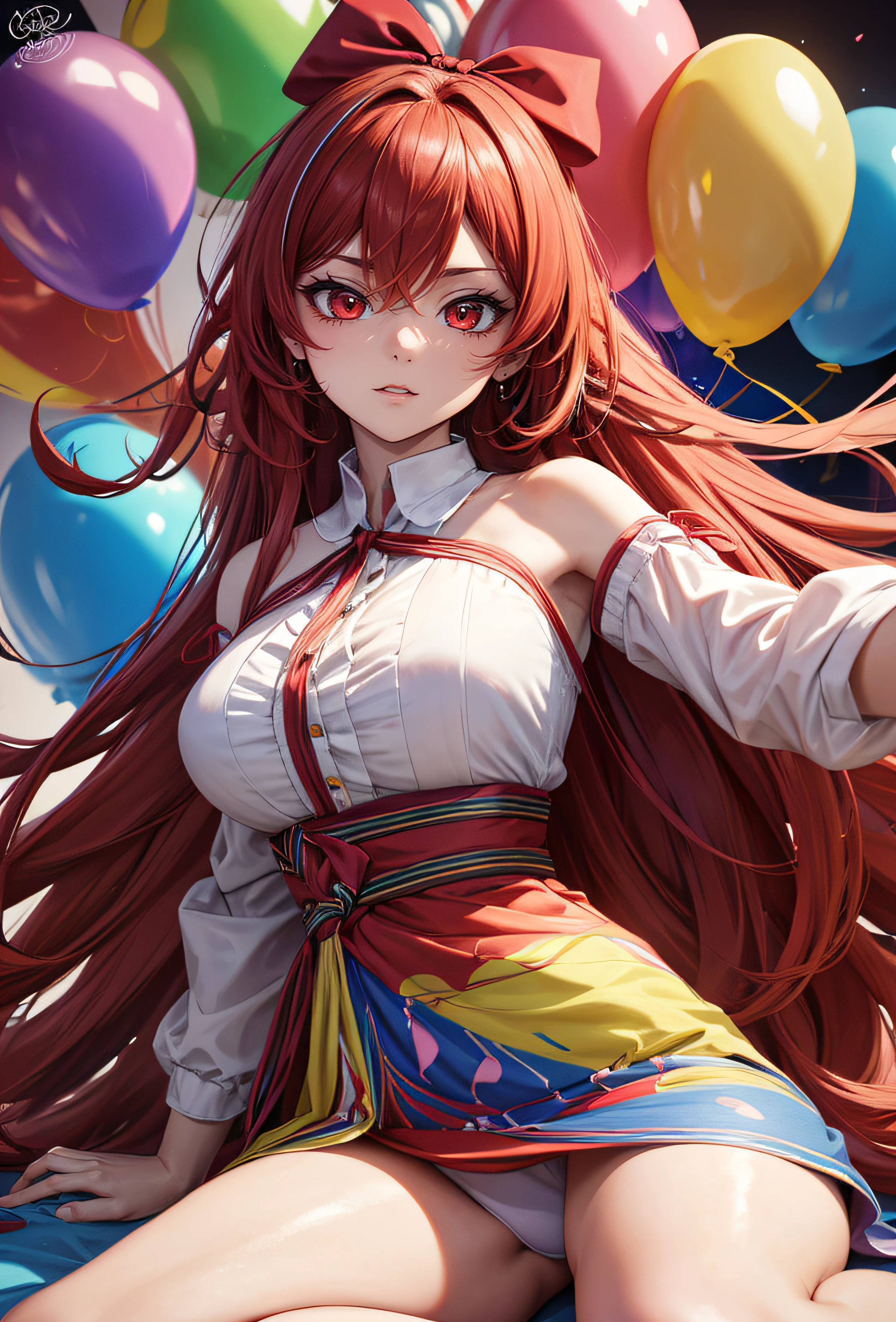 upper body portrait, 1girl, covered in multi colored ballons, in a birthday party, skirty, exposed legs, slim waist, long hair, red hair ribbon, red eyes, best composition, (masterpiece, best quality, hires, high quality, by professional artist, ultra detailed, extremely detailed, absurdres, incredibly resolution:1.2)