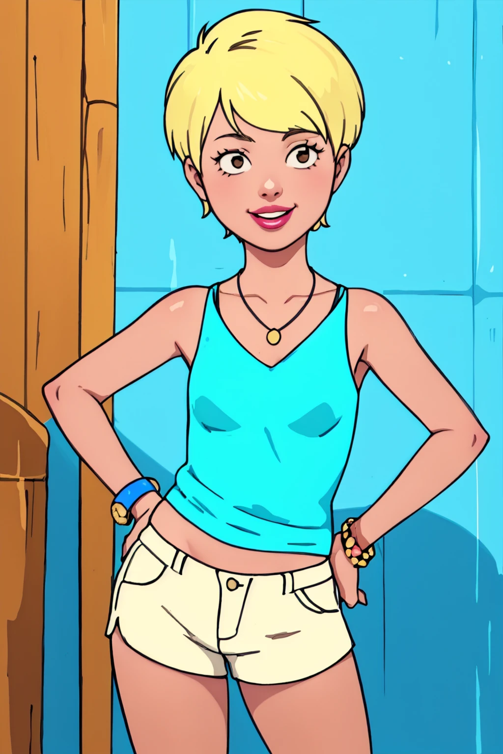 jessica,1girl, solo, blonde hair,short hair, bikini, standing, smile, looking at viewer, lips,necklace, bracelet,hands on hips,tank top, shorts, <lora:jessica (AD)abyss-000004:0.65> <lora:CyanCapsule-LoCon-V2:1>