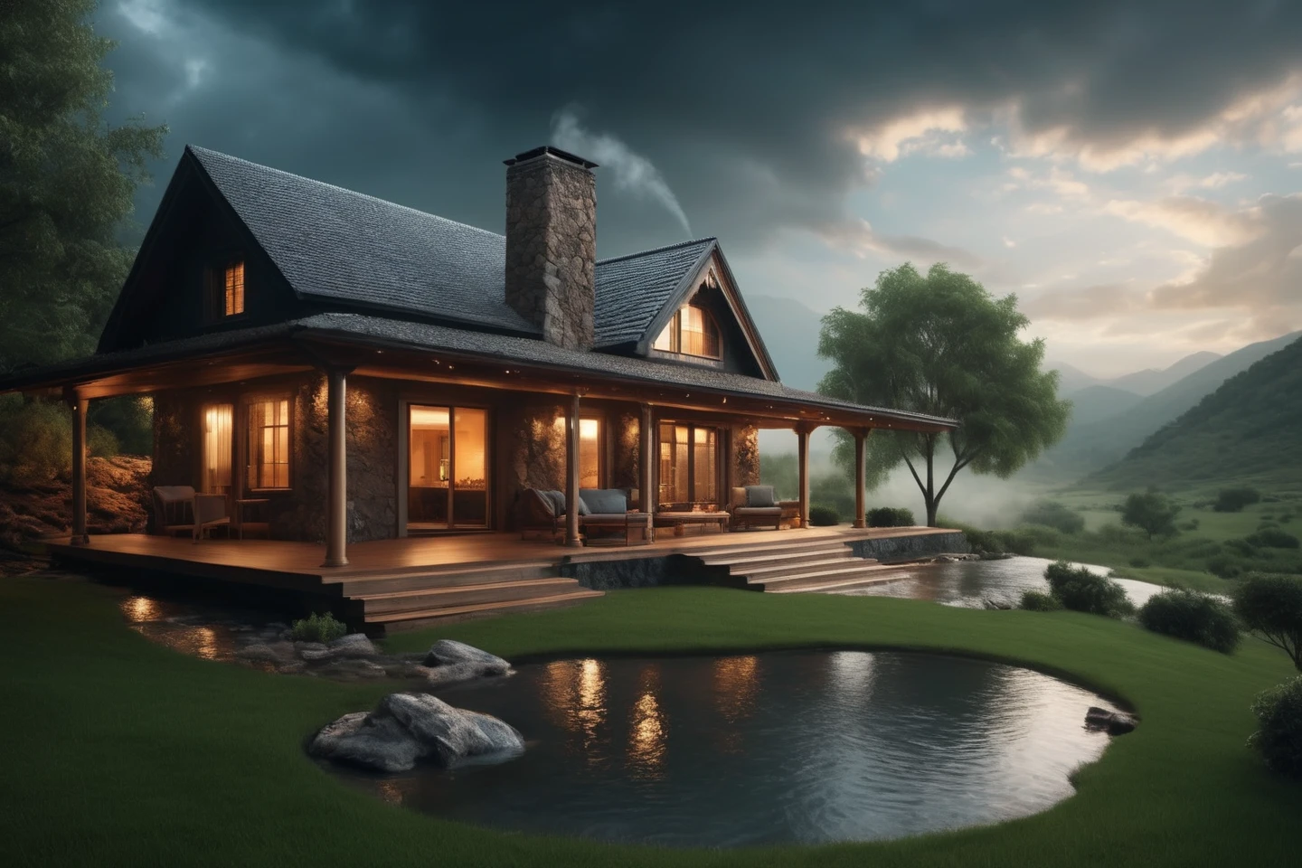 Unparalleled masterpiece, (photorealistic:1.4), best quality, beautiful lighting, (hot spring), (extremely detailed 8k wallpaper), full shot landscape photo of the most beautiful artwork in the world, cloudy sky background lush landscape house and trees illustration concept art
