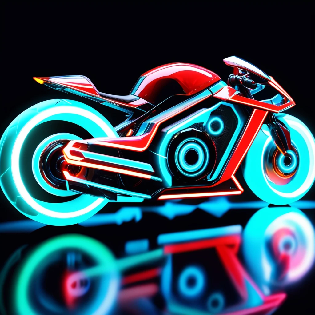 ((best quality)), ((masterpiece)), ((realistic,digital art)), (hyper detailed),cyberpukai Small Tron Light Cycle (Tron, Fictional), Electrochromatic Mirrors, Accent Lighting, Spoked Wheels, Luminite, Futuristic, , octane rendering, raytracing, volumetric lighting, Backlit,Rim Lighting, 8K, HDR <lora:CyberPunkAI:0.8>