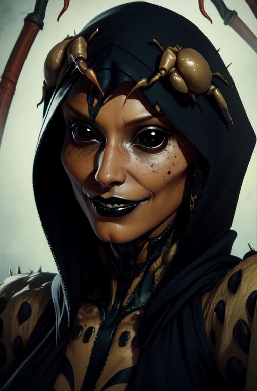 Dvorah, black eyes, black lips, black sclera, yellow skin, solo, hood up, torn clothes,
tattered clothing, rough skin, blemished, (small breasts:0.9), (cowboy shot:0.8), standing, (nude:1.2), insect,
detailed nipples, detailed breasts, (black nipples:1.2), spikes, (pussy:1.3),
(insanely detailed, detailed face, (beautiful face:1.3), masterpiece, best quality), smirk, solo, body horror, woman monster, [insect|bug], (full body in view:1.1), bugs crawling on her skin,
[outside|outdoors], [day light|warm lighting], colorful, detailed background, wide shot
<lora:Dvorah-10v5:0.85> <lora:EdobMonsterFemale2_v1.0:0.5>