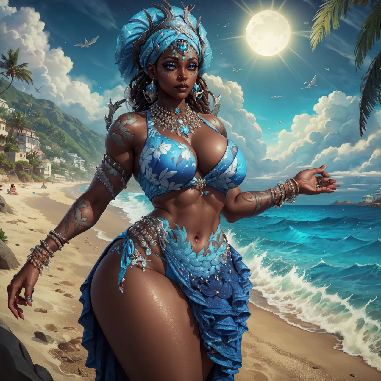 Yemoja Smite, 1girl, solo, long hair, ((bikini)), jewelry, earrings, sky, dark skin, necklace, bracelet, dark-skinned female, tree, sun, day sky, ((very dark skin)), dreadlocks, blue eyes, tear drop earrings, African woman, (mature female),
large breasts, thick hips, thick thighs,
(african beach, Coastal, African beach town),
(masterpiece, best quality), <lora:YemojaSmite-000007:0.8>
