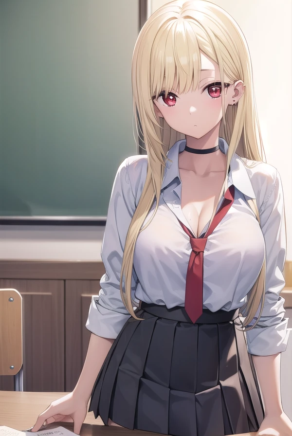 marinkitagawa, marin kitagawa, blonde hair, choker, ear piercing, earrings, long hair, piercing, (red eyes:1.5), straight hair, swept bangs,
BREAK black necktie, long sleeves, pleated skirt, school uniform, shirt, skirt, sleeves rolled up, white shirt, cleavage,
BREAK indoors, classroom,
BREAK looking at viewer,
BREAK (masterpiece:1.2), best quality, high resolution, unity 8k wallpaper, (illustration:0.8), (beautiful detailed eyes:1.6), extremely detailed face, perfect lighting, extremely detailed CG, (perfect hands, perfect anatomy),