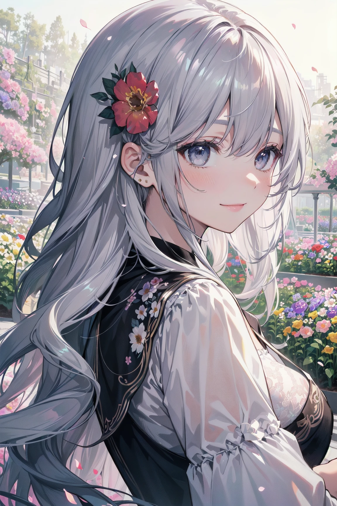 absurdres, highres, (official art, beautiful and aesthetic:1.2), (close view:1.2), Front composition, 
1girl, (long hair:1.2), gray hair, wavy hair, smile, 
(all over the flower garden:1.6), (Flower Effects:1.2), (Floral Background:1.2), (Background filled with flowers:1.4), (Flashy background:1.1),