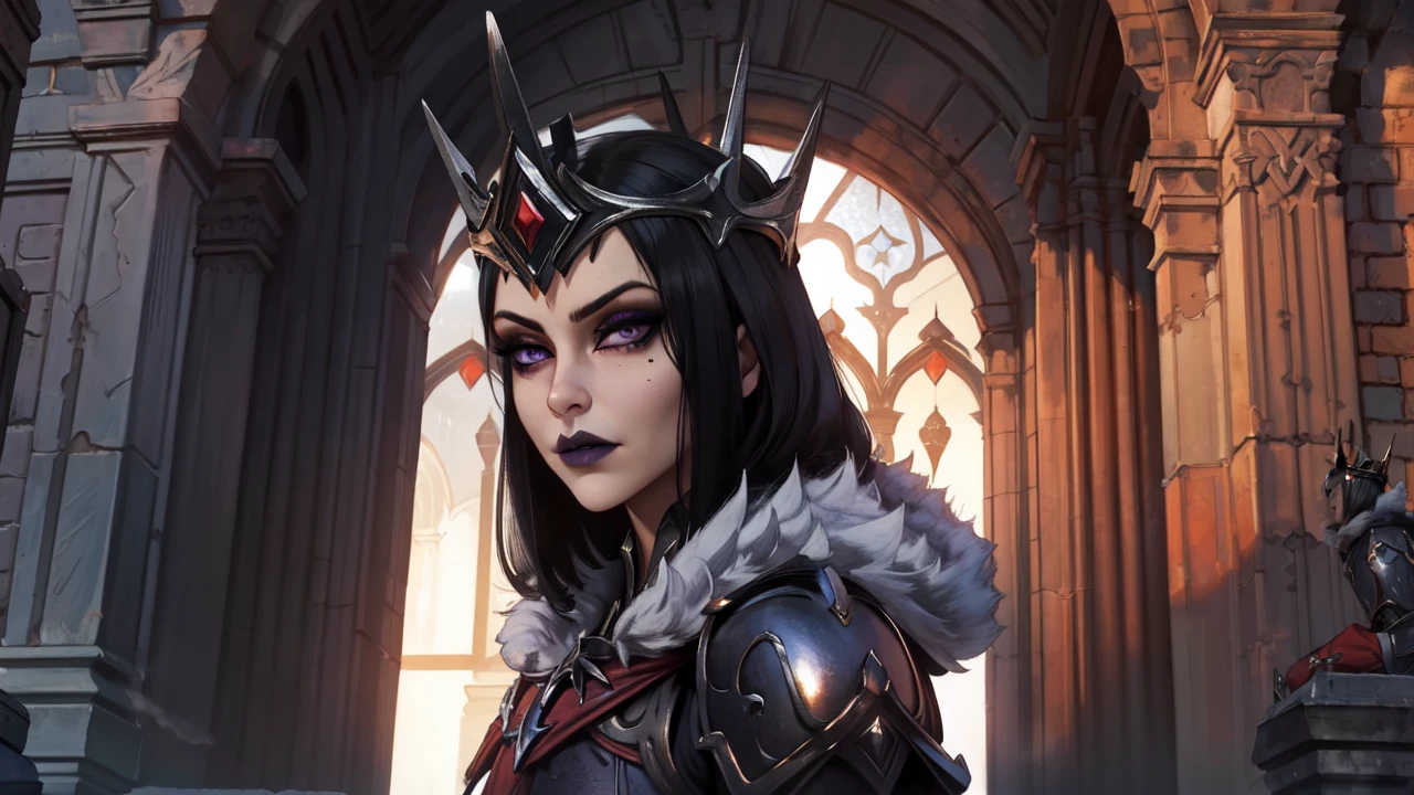 <lora:MorganLeFaySmite-000007:0.75>, MorganLeFay Smite, 1girl, solo, long hair, looking at viewer, weapon, belt,  cape, ((hip armor)), armor, fur trim, makeup, crown, knife, lipstick, gauntlets, greaves, sword,holding sword,black knight sword, narrowed eyes,portrait:1.5,
closed mouth, mascara, eye shadow, mole under eye, purple_eyes, black hair,
(castle background, castle courtyard, grey castle stone),
(insanely detailed, beautiful detailed face, masterpiece, best quality),