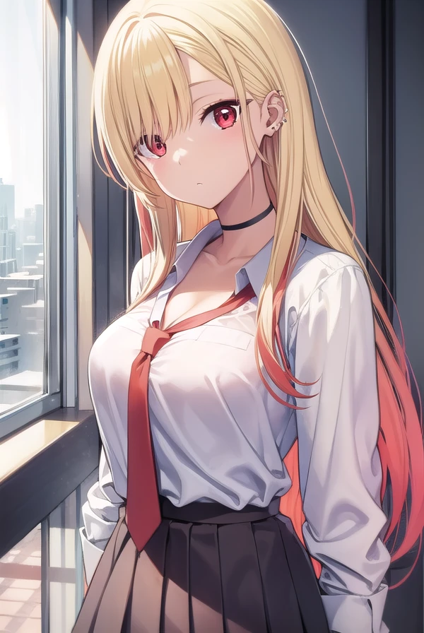 marinkitagawa, <lora:marinkitagawapopochichi-lora-nochekaiser:1>,
marin kitagawa popochichi, blonde hair, choker, ear piercing, earrings, long hair, piercing, (red eyes:1.5), straight hair, swept bangs, gradient hair,
BREAK black necktie, long sleeves, pleated skirt, school uniform, shirt, skirt, sleeves rolled up, white shirt, cleavage,
BREAK indoors, classroom,
BREAK looking at viewer, (cowboy shot:1.5),
BREAK <lyco:GoodHands-beta2:1>, (masterpiece:1.2), best quality, high resolution, unity 8k wallpaper, (illustration:0.8), (beautiful detailed eyes:1.6), extremely detailed face, perfect lighting, extremely detailed CG, (perfect hands, perfect anatomy),