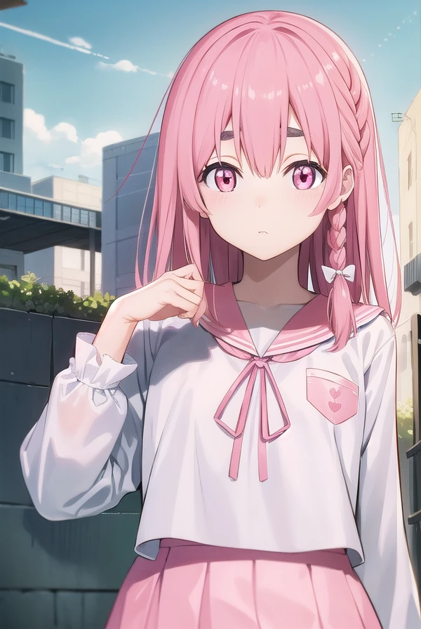 sumisakurasawa, <lora:sumisakurasawapopochichi-lora-nochekaiser:1>,
sumi sakurasawa, bangs, (pink eyes:1.5), hair between eyes, pink hair, braid, hair bow, thick eyebrows,
BREAK skirt, shirt, long sleeves, bow, ribbon, school uniform, white shirt, serafuku, sailor collar, red ribbon, neck ribbon, red skirt, white sailor collar,
BREAK outdoors, city,
BREAK looking at viewer, (cowboy shot:1.5),
BREAK <lyco:GoodHands-beta2:1>, (masterpiece:1.2), best quality, high resolution, unity 8k wallpaper, (illustration:0.8), (beautiful detailed eyes:1.6), extremely detailed face, perfect lighting, extremely detailed CG, (perfect hands, perfect anatomy),