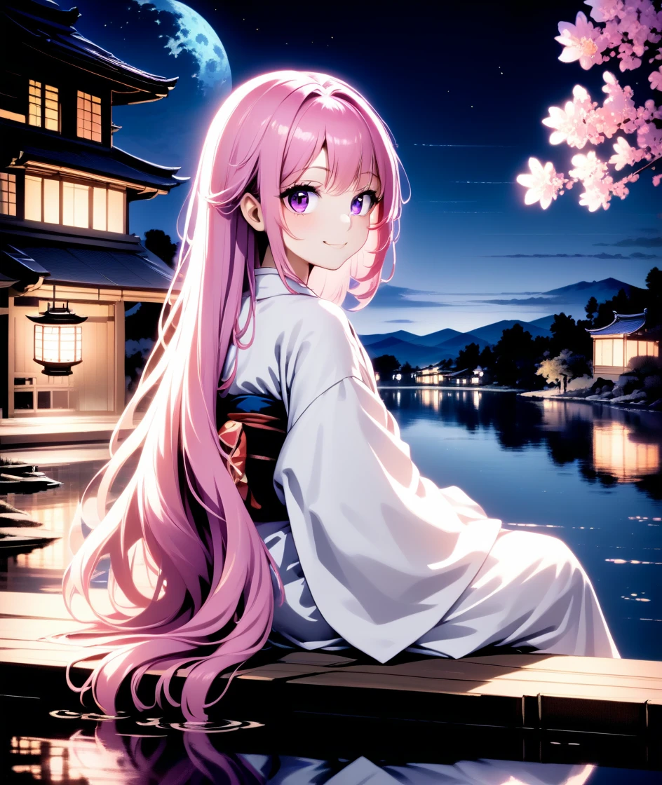 1girl, flower, long hair, tree, water, white kimono, sitting, outdoors, night, house, purple eyes, night sky, scenery, reflection, lake, lantern, pink hair, long hair, smile, starry sky, looking back,