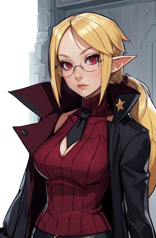 Professor, pointy ears, red eyes, blonde hair, ponytail,  cold expression,
ribbed turtleneck, miniskirt,glasses,necktie, black coat, long sleeves,  cleavage,
standing, upper body, solo 
stars, lab,
(best quality, masterpiece, beautiful and aesthetic:1.2, highest detailed face,perfect face,)
 <lora:Professor-10v6:0.7>