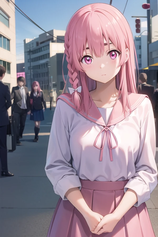 sumisakurasawa, <lora:sumisakurasawapopochichi-lora-nochekaiser:1>,
sumi sakurasawa, bangs, (pink eyes:1.5), hair between eyes, pink hair, braid, hair bow, thick eyebrows,
BREAK skirt, shirt, long sleeves, bow, ribbon, school uniform, white shirt, serafuku, sailor collar, red ribbon, neck ribbon, red skirt, white sailor collar,
BREAK outdoors, city,
BREAK looking at viewer, (cowboy shot:1.5),
BREAK <lyco:GoodHands-beta2:1>, (masterpiece:1.2), best quality, high resolution, unity 8k wallpaper, (illustration:0.8), (beautiful detailed eyes:1.6), extremely detailed face, perfect lighting, extremely detailed CG, (perfect hands, perfect anatomy),