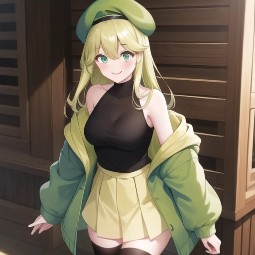 (masterpiece, best quality:1.2),illustration,8k,hd,absurdres,1girl,solo,cowboy shot,long_hair,breasts,blush,smile,bangs,green hair,hat,hair_between_eyes,bare_shoulders,green_eyes,collarbone,jacket,pleated_skirt,black_thighhighs,shoes,green_hair,sleeveless,off_shoulder,black_shirt,sleeveless_shirt,beret,green_jacket,green_headwear,<lora:Creeper-Bubble(remake):0.6>,