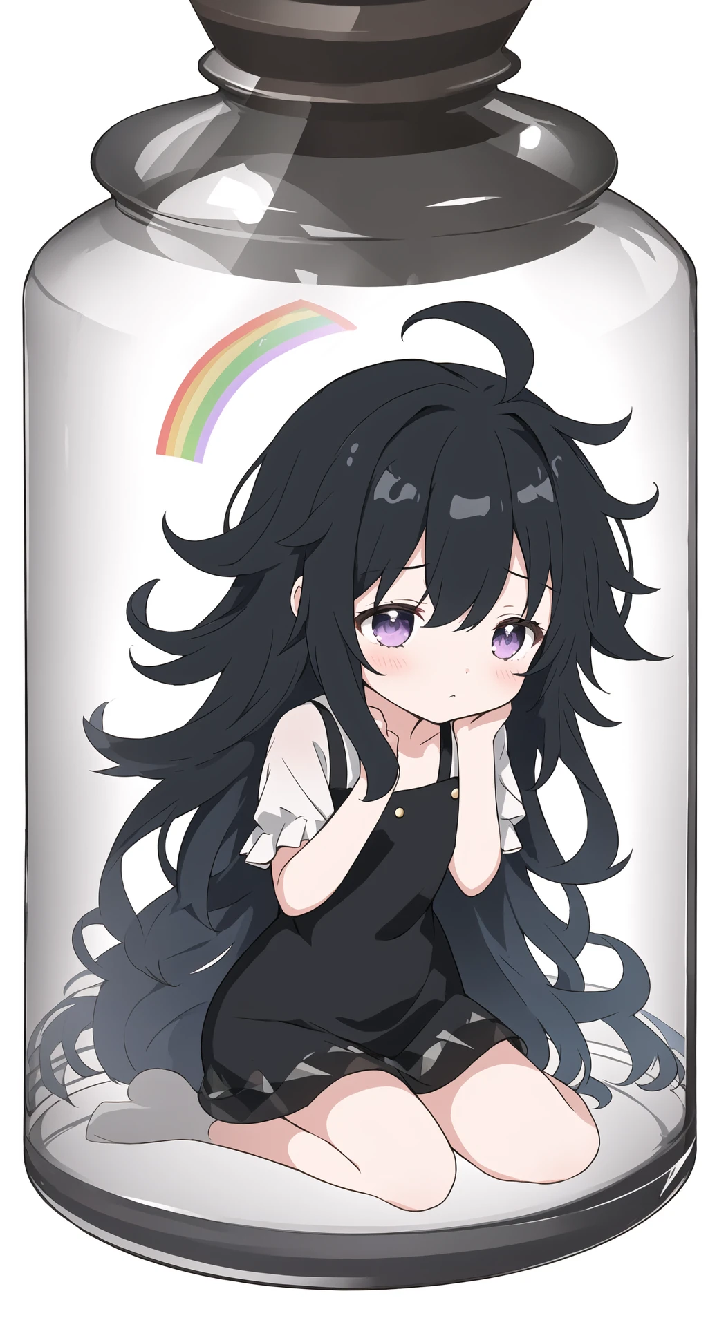 (white background:1.45),(transparent background:1.3),
[(glass jar:1.15),(girl in jar:1.35):(wariza)]
1 cute young girl,small breast,expressionless,sleepy,(very long messy hair:1.3),black hair,(rainbow inner hair:1.5),ahoge,(black short dress:1.4),(off-shoulder jacket:1.3),bare shoulder,(torn clothes:1.2),facial scar,(solo:1.4),straight-on,(simple background:1.5),(full body:1.5)