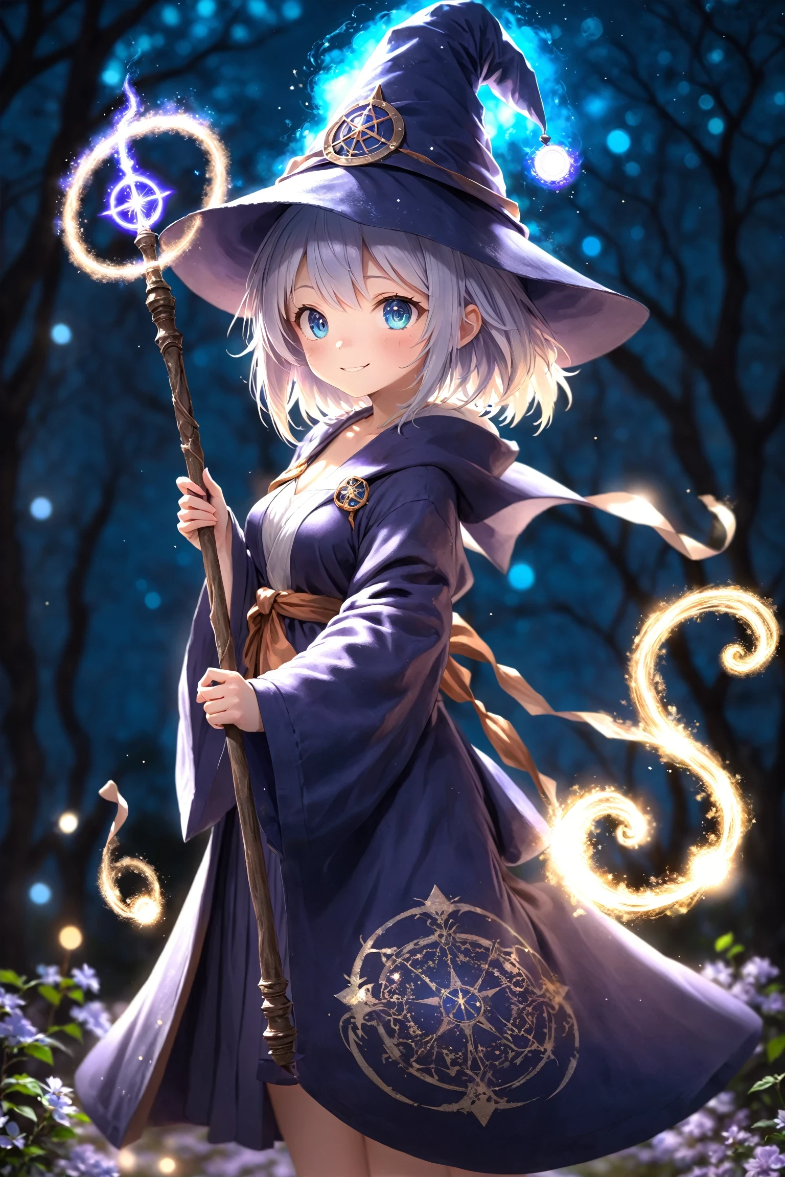 anime, cute girl, solo, wizard hat, robe, holding ancient staff, happy, magic circle, midnight, bloom, ambient occlusion, glowing lights, light particles, bokeh