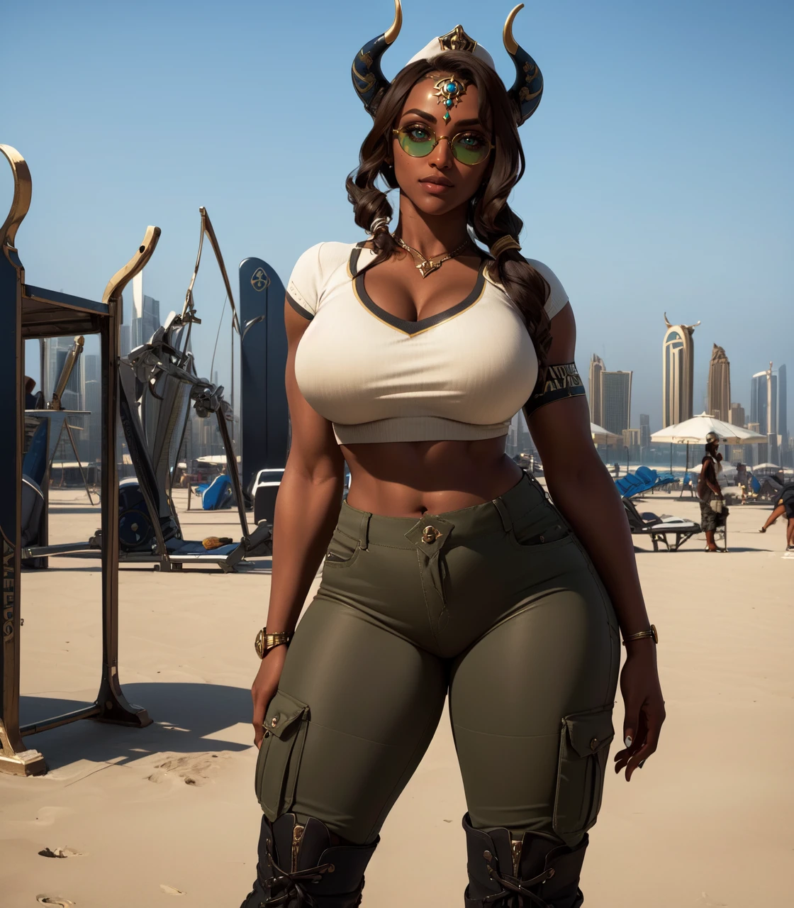 <lora:IshtarSmite-000007:0.8>,1girl, solo, looking at viewer,,((military pants,ARMY SHIRT,female army pants, combat boots, army cap, aviator glasses)), dark brown hair, dark skin:0.1, dark-skinned female:0.1,
green eyes, forehead jewel, fake horns,
large breasts, thick hips, thick thighs,
(Dubai, Dubai city, Dubai Beach Gym),
(insanely detailed, beautiful detailed face, masterpiece, best quality),