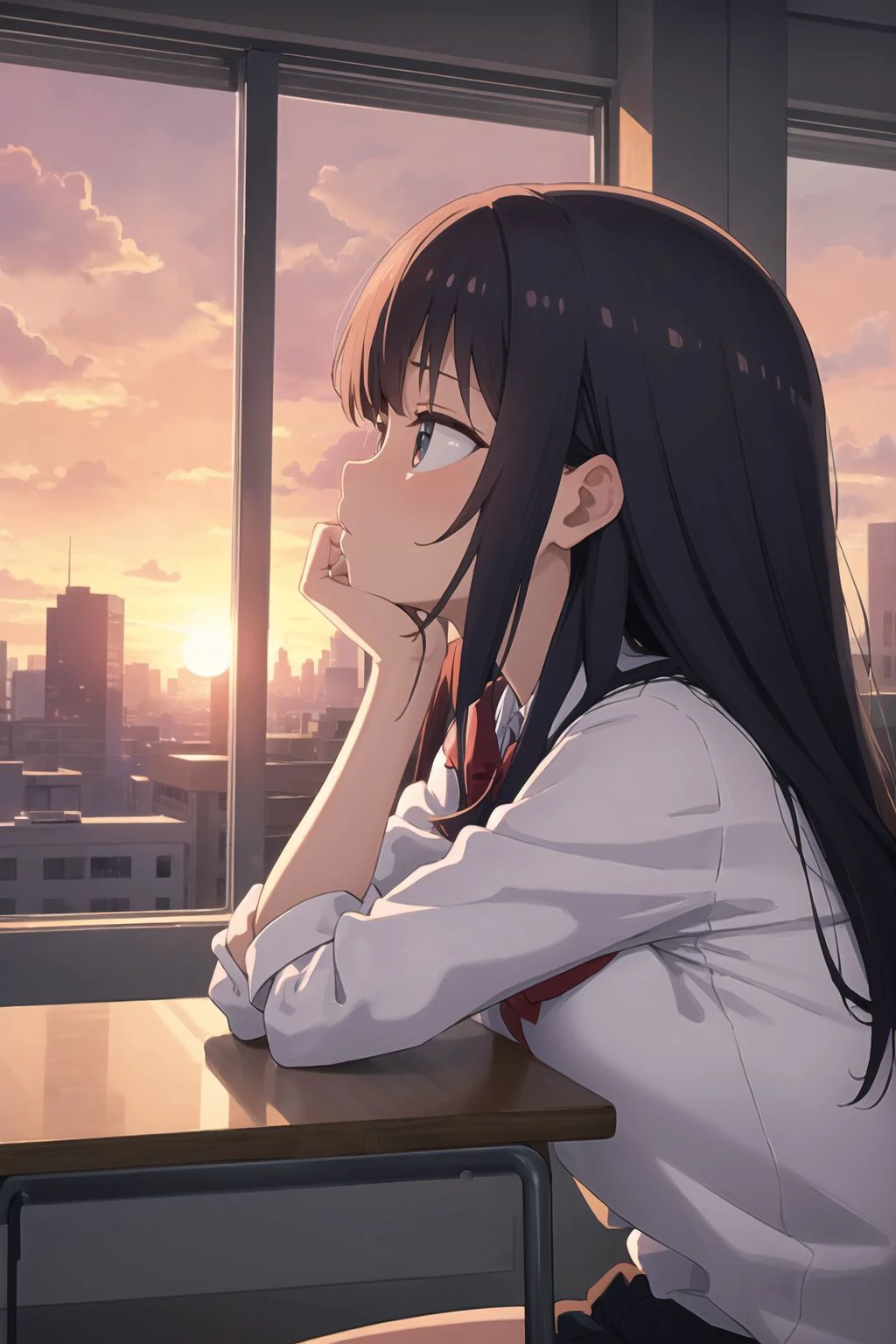 masterpiece, best quality,from side,school,sunset, city, building, classroom,window,sitting chair,head rest,