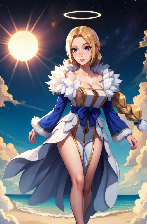 CelestialHostess,blonde hair with a single braid, blue eyes, short hair, solo, floating, full body, legs,
cleavage, white and blue dress,fur trim, , pelvic curtain, halo above head, long sleeves,
in the sky, clouds, sun, stars
(best quality, masterpiece, beautiful and aesthetic:1.2, highest detailed face, perfect face,)
<lora:CelestialHostess-10v6:0.7>